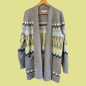 LOFT Longer Gray/Multi Fair Isle Large L Open Cardigan Sweater Warm Casual Soft